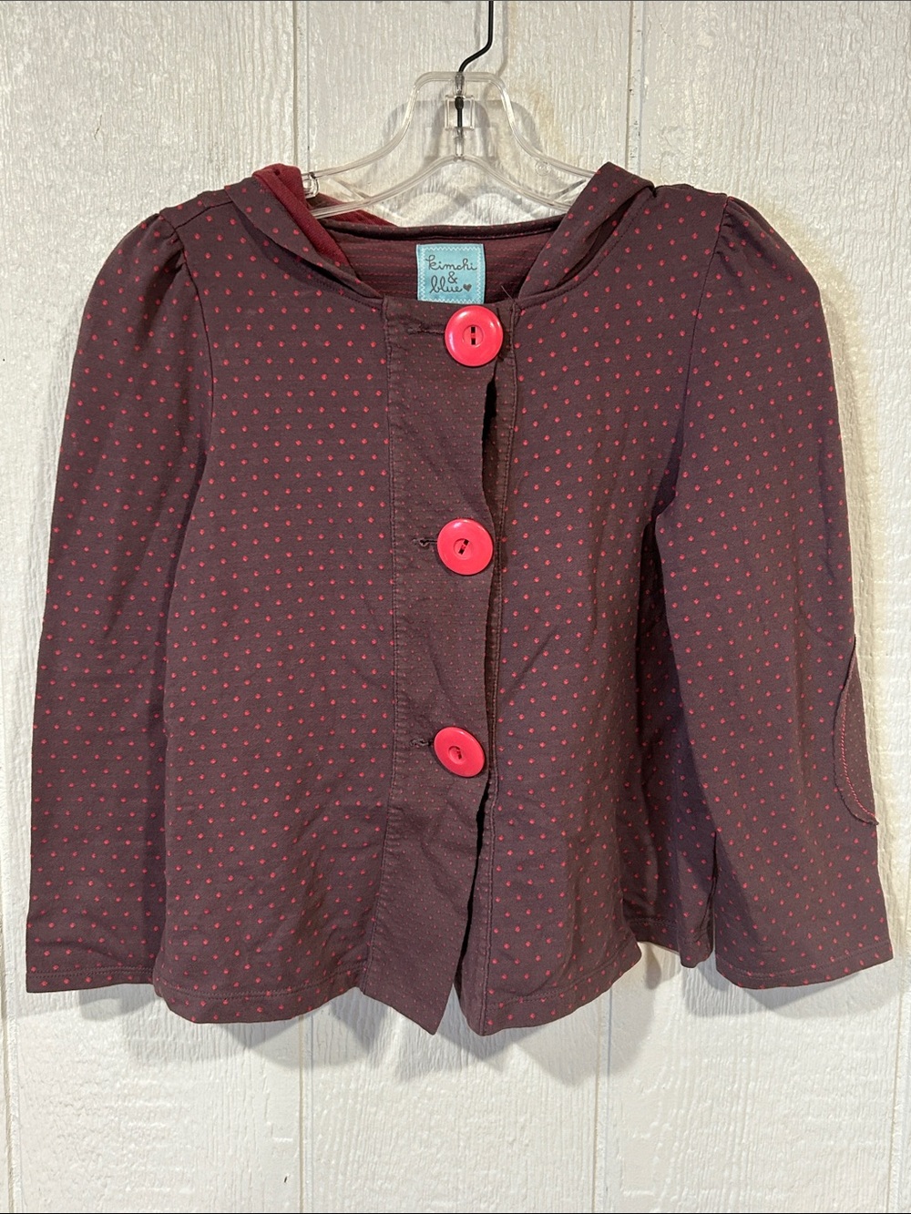 Kimchi Blue Maroon Cardigan with Pink Dot Pattern and Pink Buttons